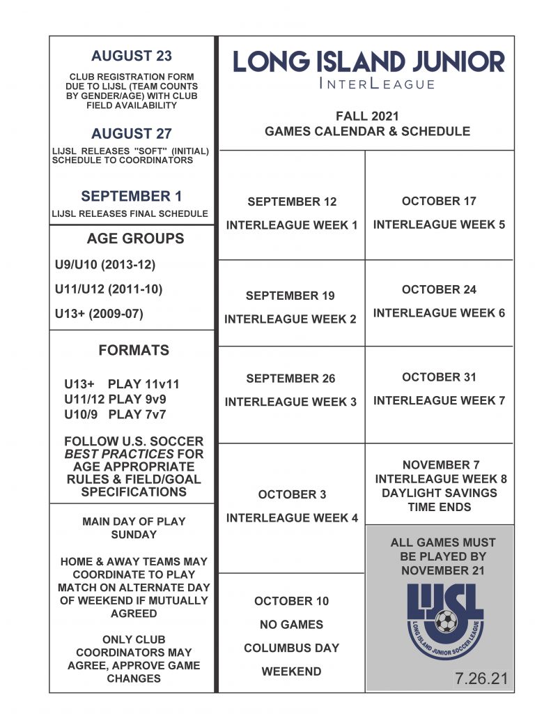 Fall 2021 Calendar - Long Island Junior Soccer League